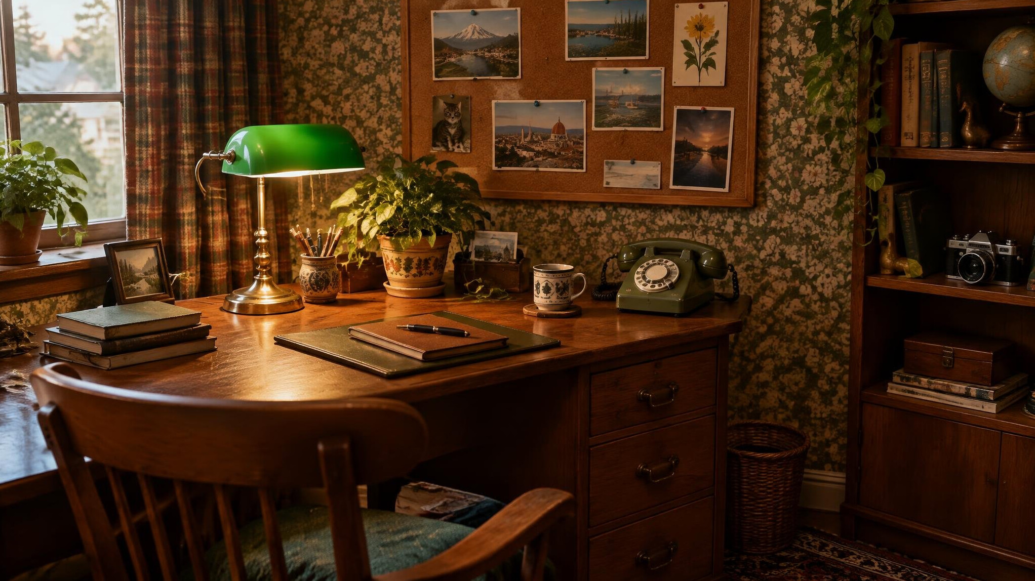 Escritório em casa acolhedor com decoração vintage e planta