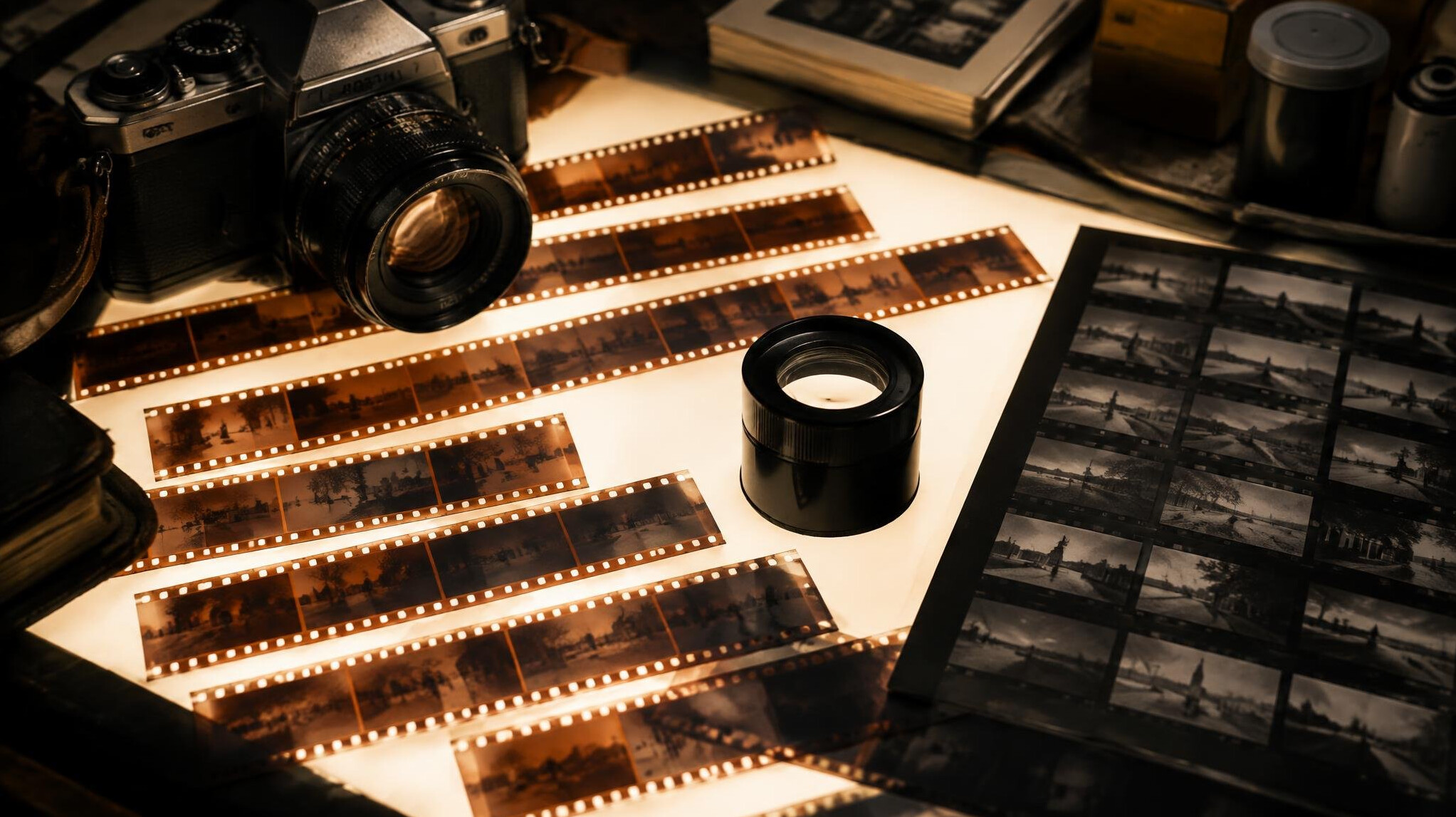 Rolos de negativos fotográficos e câmara vintage sobre uma mesa de luz